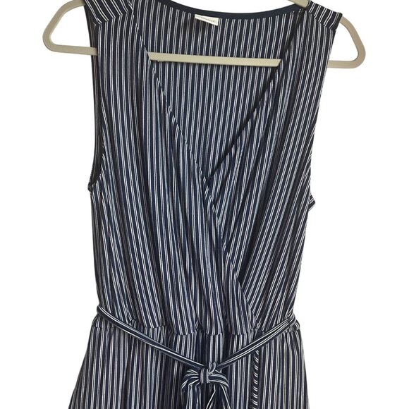 Soma L Navy White Striped Sleeveless Wrap Maxi Dress Belted Ruffle Hem Coastal - Picture 3 of 12